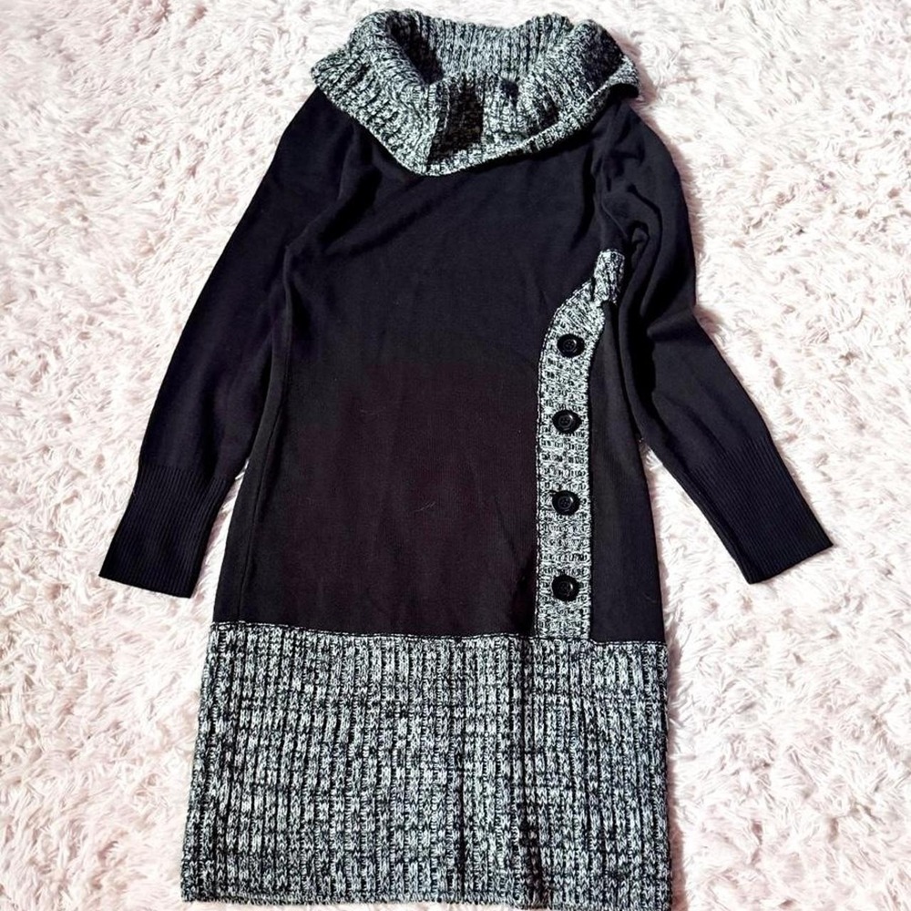 Monochrome Cozy Cowl Neck Sweater Dress Womens 14 Rustic Grandma Core Cottage
